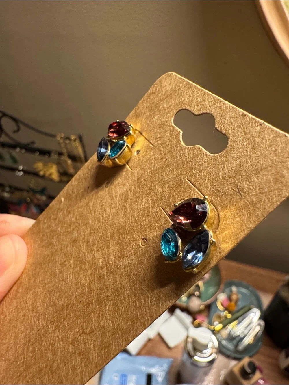 Cluster Crystal Stud Earrings in Teal, Blue & Plum